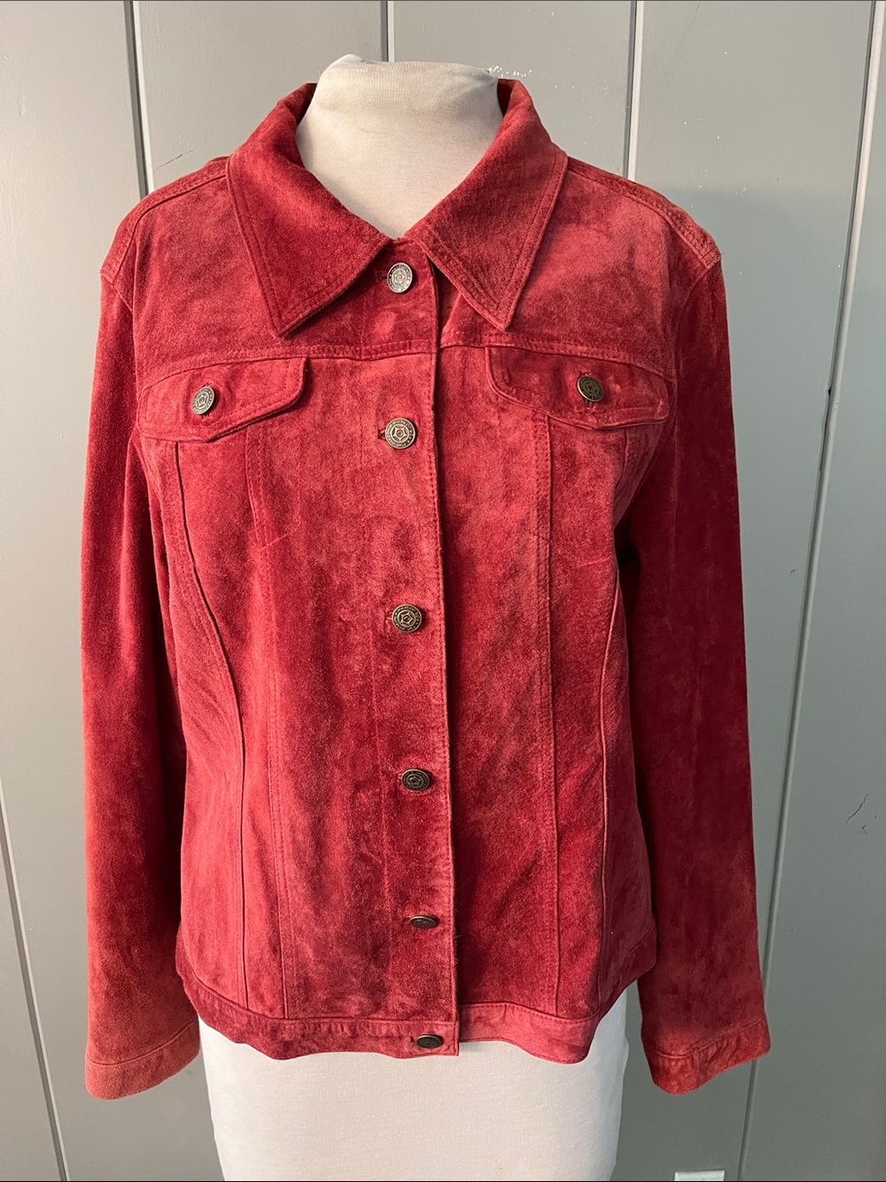 For Joseph Suede Leather Jacket Red Trucker Vintage Retro Boho Western Cowgirl